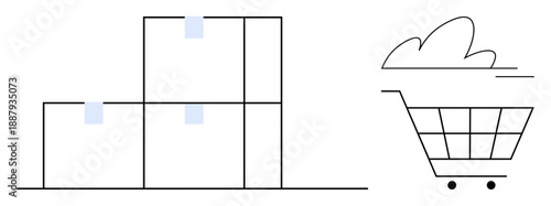 E-commerce, shopping, logistics, delivery, retail, online marketplace. Boxes stacked next to a shopping cart. E-commerce and shopping through package delivery and cart