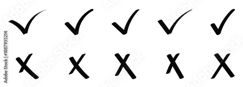 Black line doodle check and cross mark element set used in apps and websites to show successful actions or failed actions.