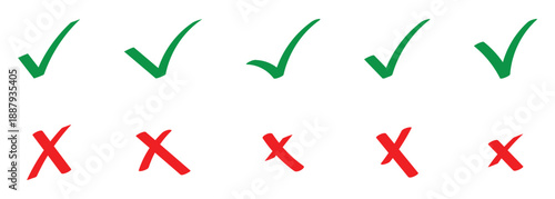Doodle style tick and cross icon isolated on white background. Green checks indicate successful validation and red crosses highlight errors.