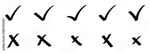 Black line doodle check and cross mark element set used in apps and websites to show successful actions or failed actions.
