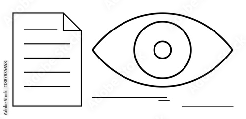 Eye looking at lined document representing document review, audit, or analysis process. Ideal for legal compliance, proofreading, editing, focus, transparency, security knowledge simple flat