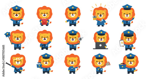 Cute Lion Policeman Set of Cartoon Character