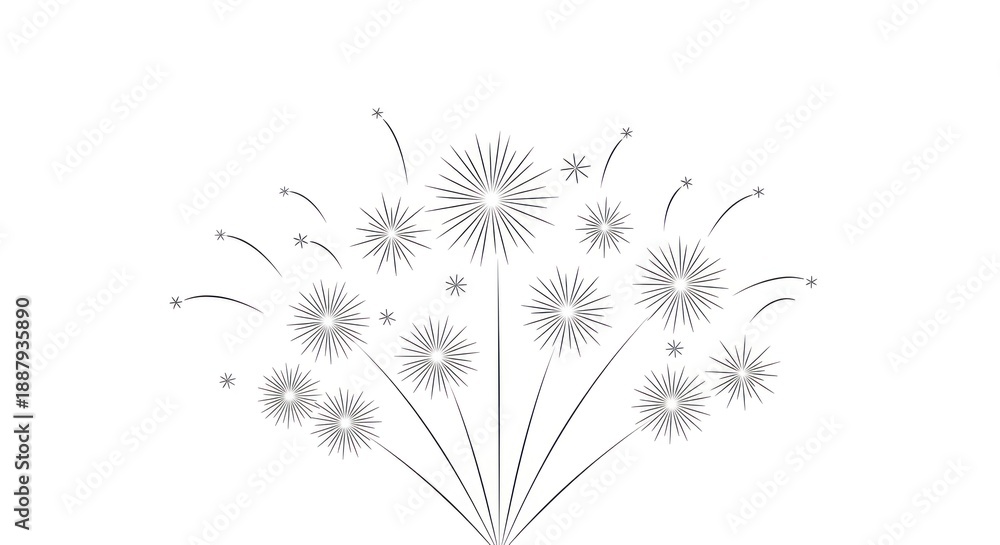 Obraz premium A black and white illustration of a fireworks display with multiple bursts of light and sparks.