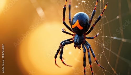 Macro view of venomous spider with orange hourglass mark on abdomen on its web. Dangerous arachnid in natural outdoor environment with soft bokeh background. Wild creature hunt.