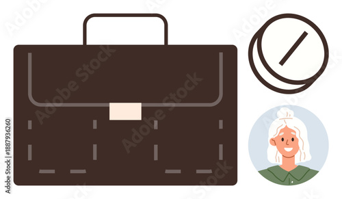Business, career, punctuality, professional identity, corporate life, and task management. ion of a briefcase, smiling woman and clock. Business and career concept