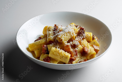 Rigatoni Carbonara Pasta in a White Bowl
