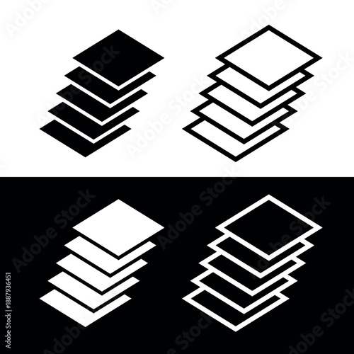Layers icon set. A pictogram of multiple layers within a composition. Denoting the multi-layer nature of a product or structure.