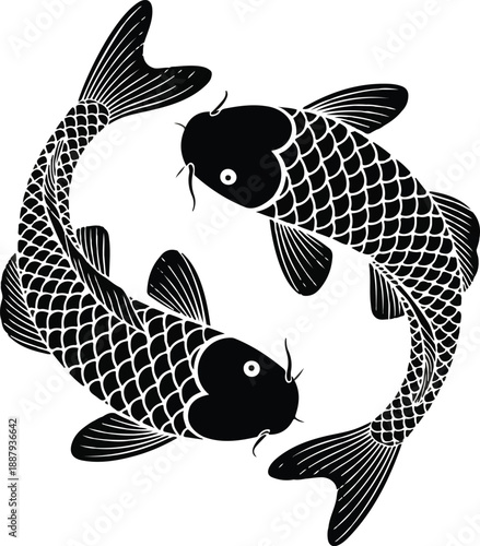 Yin-Yang Koi Fish Outline Icon Set Lotus Flower and Balance Symbol