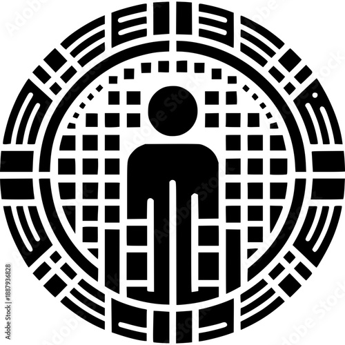 Digital Persona: A stylized symbol depicting a person at the center, surrounded by an intricate pattern of geometric shapes, creating a sense of digital identity and technological influence.