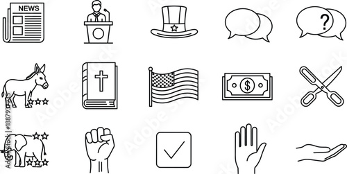 Vector Linear Icons Set for Politics and Elections Featuring American Flag Political Parties News Media Voting Symbols and Government Leadership