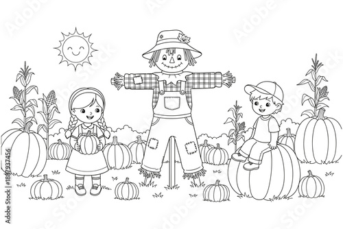 A cheerful scarecrow stands guard over a bountiful harvest of pumpkins, with two smiling children enjoying the autumnal festivities