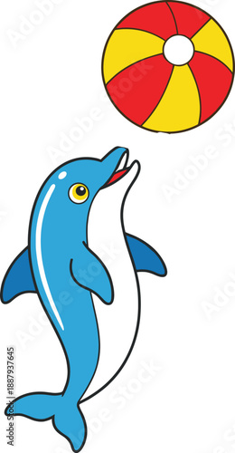 Playful blue dolphin balancing colorful beach ball on nose in cartoon style aquatic scene for marine animal show vector illustration