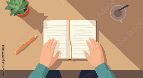 Hands on an open notebook, ready for writing or journaling, with a pencil, plant, and coffee cup on a sunlit wooden desk, promoting focus and creativity.