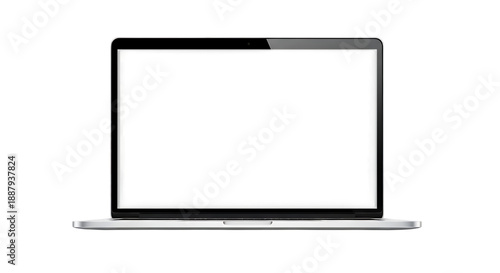 A silver laptop with a blank screen ideal for mockups on transparent background