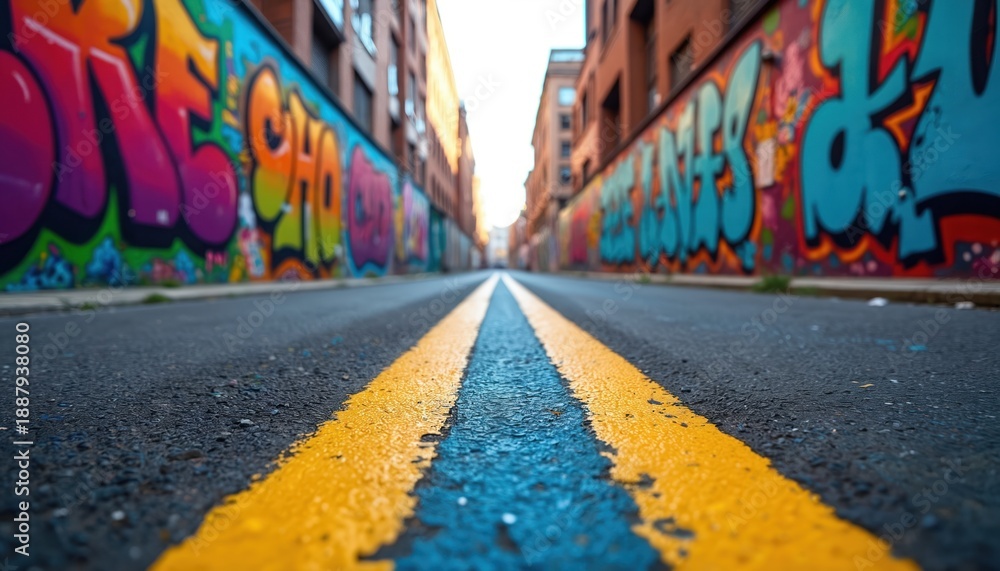 Naklejka premium Perspective view down city alleyway lined with vibrant graffiti murals. Asphalt road features bright yellow and blue lane markings. Buildings rise on either side of the urban street.