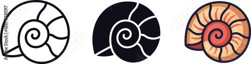 Collection of spiral shell designs including outline, silhouette, and colored illustration isolated on white background, Vector