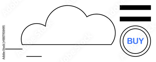 Minimalistic cloud outline with buy button and parallel lines conveying movement. Ideal for technology, e-commerce, digital services, cloud solutions, innovation, scalability, simple flat metaphor
