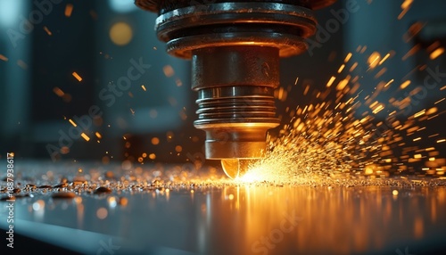 Industrial CNC machine cuts metal with sparks flying. Close up of precision cutting tool. Automated manufacturing process creates parts with fluid lubrication. High tech factory floor.