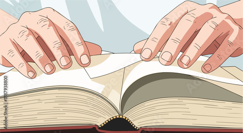 Close up of hands turning pages of an open book, suggesting learning, reading, or studying, with a light blue background.