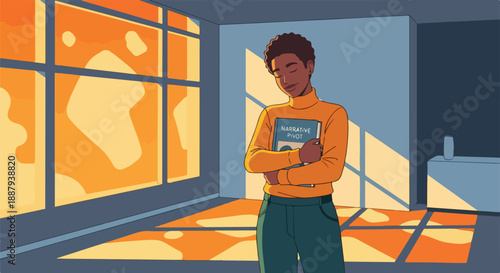 Young Black woman holding a book in a sunlit room, thoughtful and introspective mood