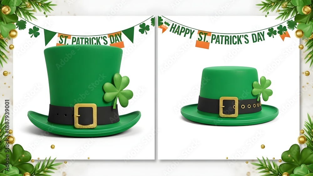 Fototapeta premium St patrick's day green top hats with shamrocks and banners