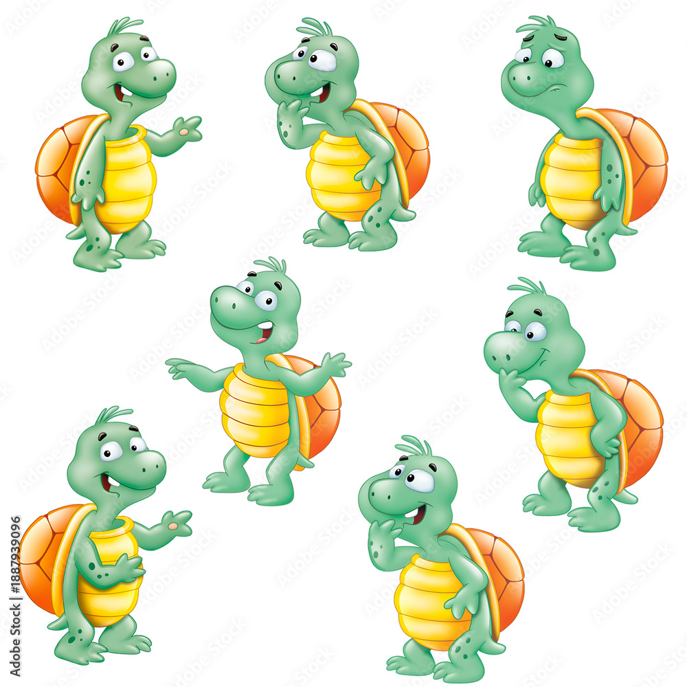 Obraz premium Cartoon turtles set. png. Transparent background.