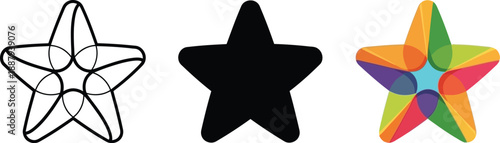 Three stylistic star designs showcasing outline, solid, and vibrant segmented forms isolated on white background, Vector