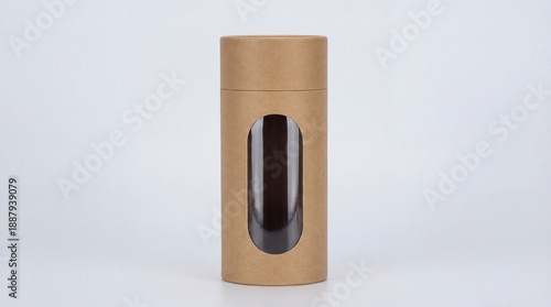 Brown cardboard cylindrical tube with a clear oval window on a white background cylinder