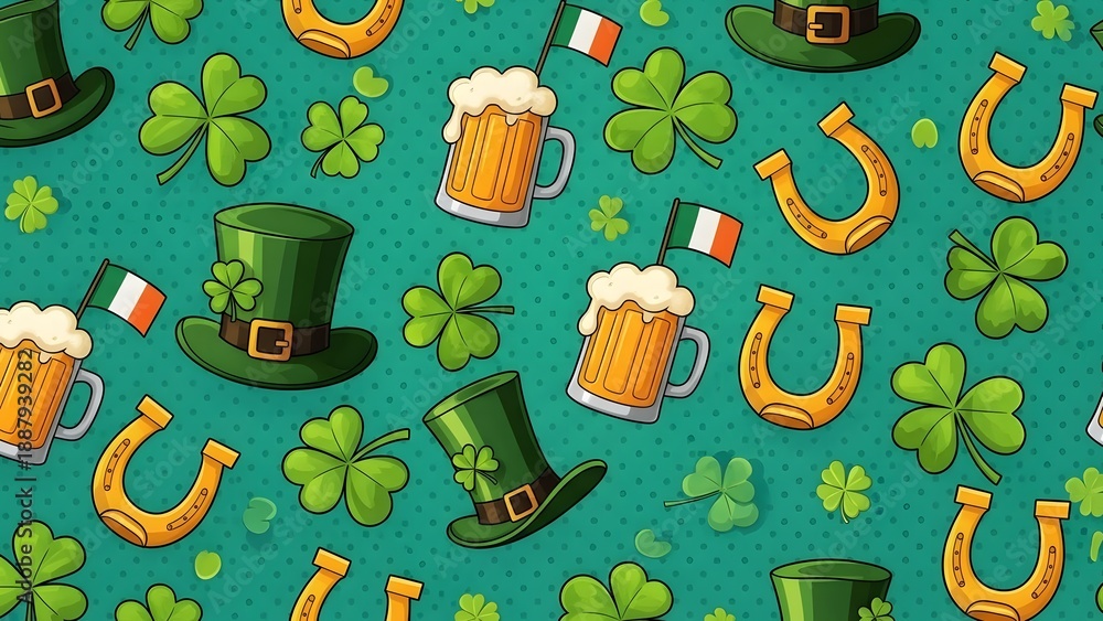 Fototapeta premium St patrick's day celebration with shamrocks beer and leprechaun hats