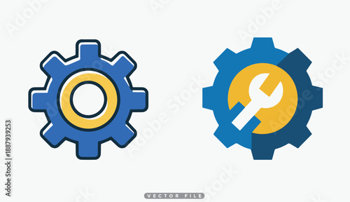 Blue Gear Icons with Yellow Center and Wrench for Mechanical Engineering and Industry Concepts