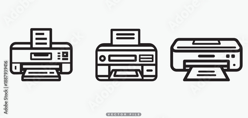 Printer Icons Set: Multifunction Devices, Inkjet, Laser, Office Equipment, Technology Symbols