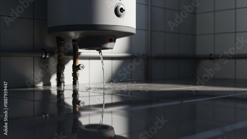 Leaking water heater in a tiled utility room, water spilling onto a shiny floor