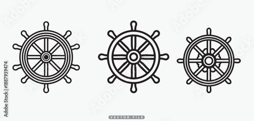 Set of ship"s steering wheels Nautical symbols Vector graphics Isolated on white background Marine theme