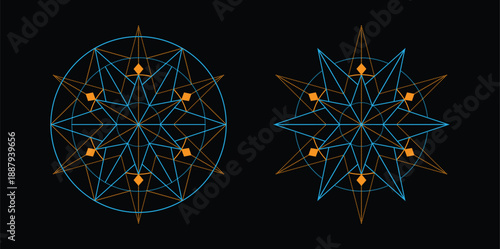 Eight pointed star compass rose with dashed lines and circle elements vector illustration