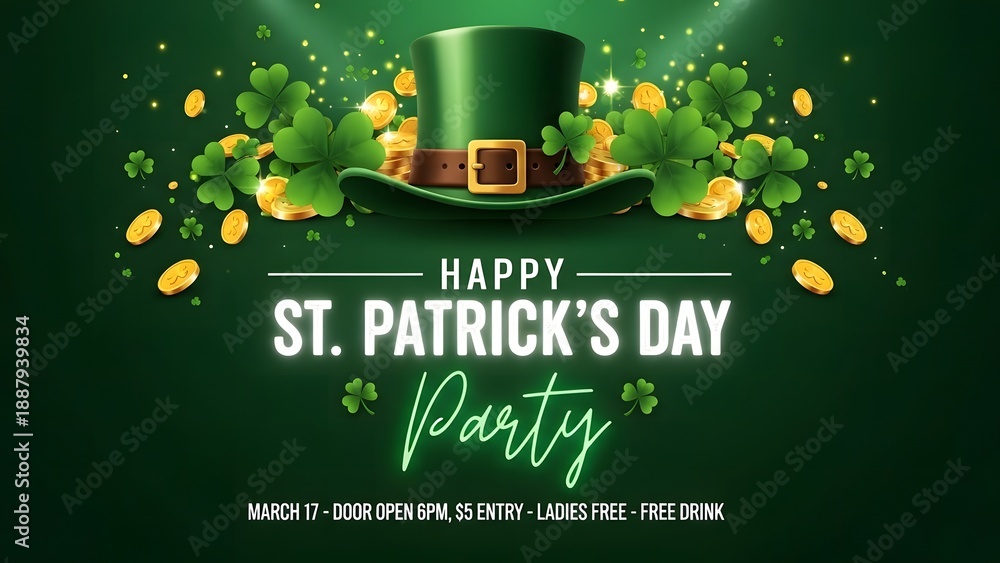 Fototapeta premium St patricks day party celebration with green hat and gold coins