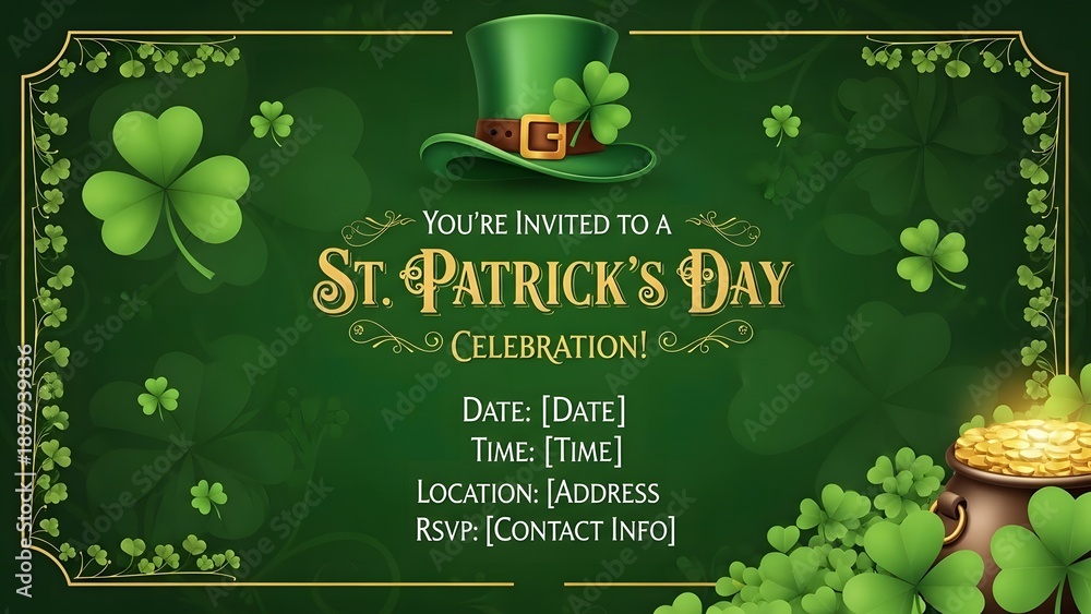 Naklejka premium St patricks day celebration invitation with shamrocks and leprechaun hat