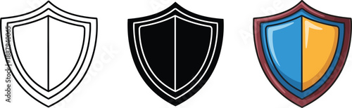 Shield icons collection: outline, solid black, and colorful designs for protection. isolated on white background, Vector