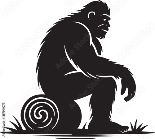 Black silhouette of Bigfoot sitting on a log in grass