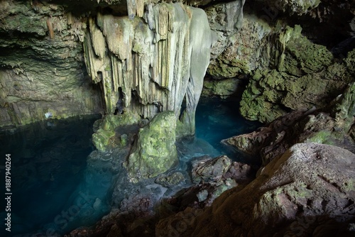 Cueva de Saturno cave in Cuba near Varadero, lake with stalactites