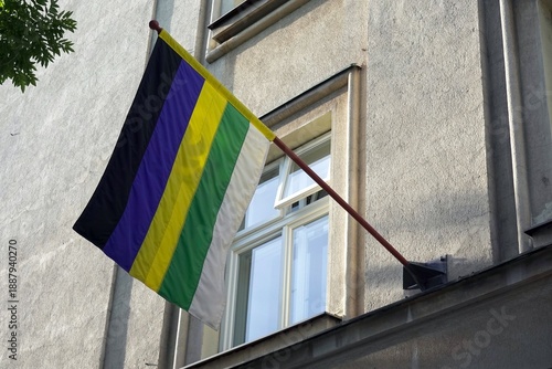 Flag with black, blue, yellow, green and white stripes on flagpole