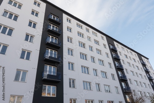 Reconstructed facade on white block of flats in Czechia