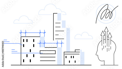 Urban development ed with architectural blueprints and conceptual illustrations. Urban design shaping the future. Urban growth enabling innovation and progress. For architecture, city planning