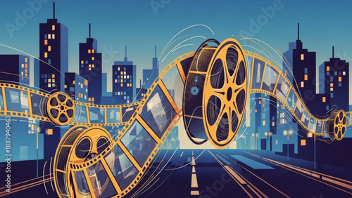 Film strip reels unrolling on city street at dusk with skyscrapers in background conveying motion and urban nightlife