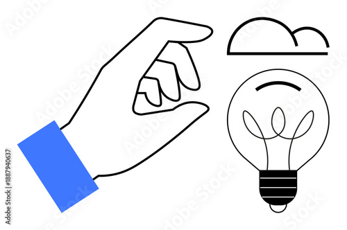 Innovation, brainstorming, creativity, technology, inspiration, intellectual ideas. Minimalistic hand gesture with a light bulb and cloud symbols. Innovation and brainstorming concept