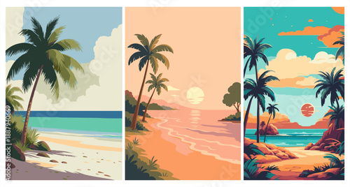 Set of three retro tropical beach landscapes. Minimalist sunset posters with palm trees, mountains, and ocean waves. Vector.