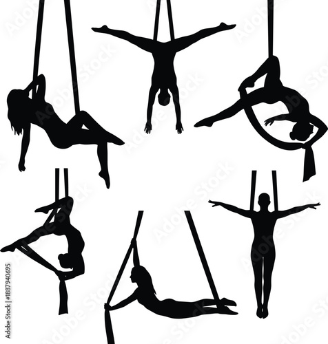 Aerial silk acrobat silhouette set showing aerial yoga and circus performers in suspended fabric poses, demonstrating strength, flexibility, balance