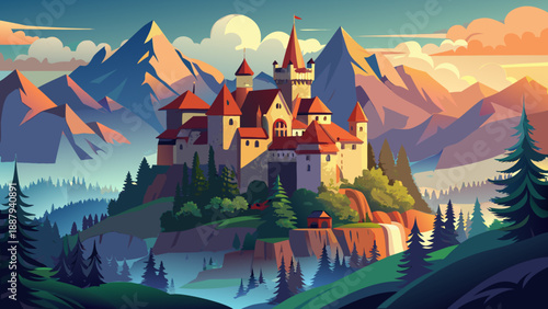 Very beautiful Bran Castle in Transylvania rises dramatically above forested Carpathian hills, surrounded by misty mountain nature, medieval architecture, and legendary atmosphere that defines Romania