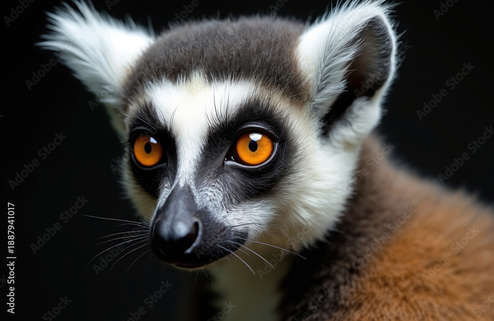 Fototapeta premium Ring-tailed lemur face with striking orange eyes stares intently. Black, white fur pattern on head, face. Creature from Madagascar shows curious expression. Wild animal portrait on dark background.
