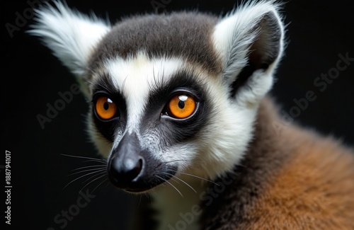 Ring-tailed lemur face with striking orange eyes stares intently. Black, white fur pattern on head, face. Creature from Madagascar shows curious expression. Wild animal portrait on dark background.