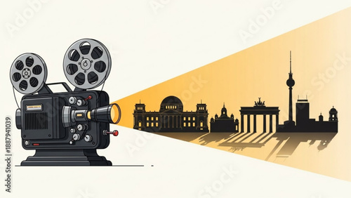 Vintage film projector shines light on berlin city skyline at sunset with iconic landmarks